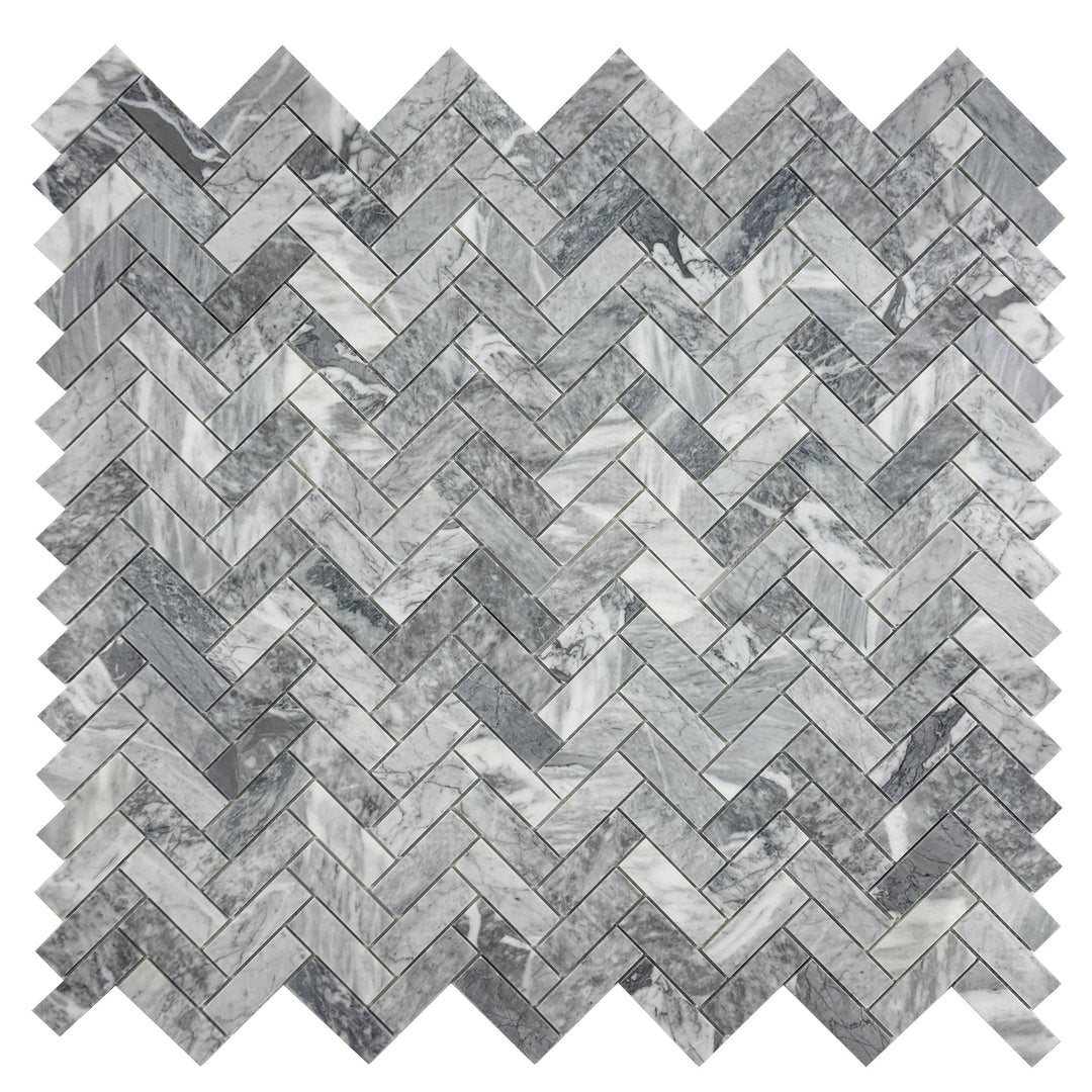 Silver Veil Bardiglio Polished Herringbone Marble Mosaic