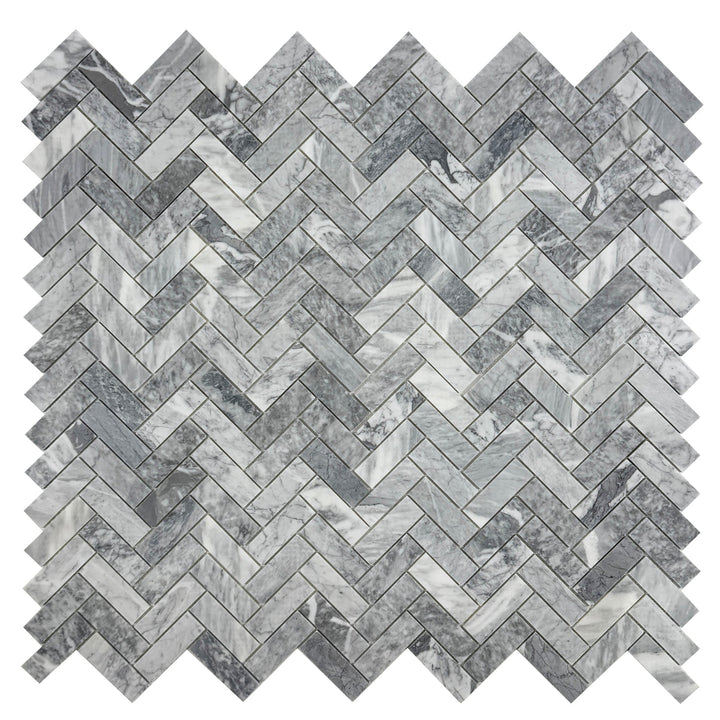 Silver Veil Bardiglio Polished Herringbone Marble Mosaic