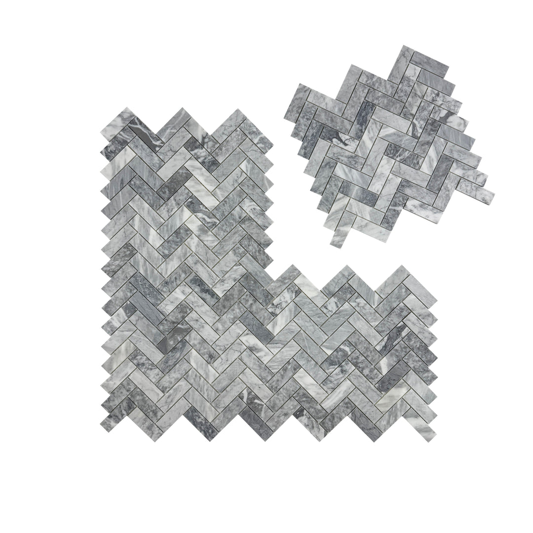 Silver Veil Bardiglio Polished Herringbone Marble Mosaic
