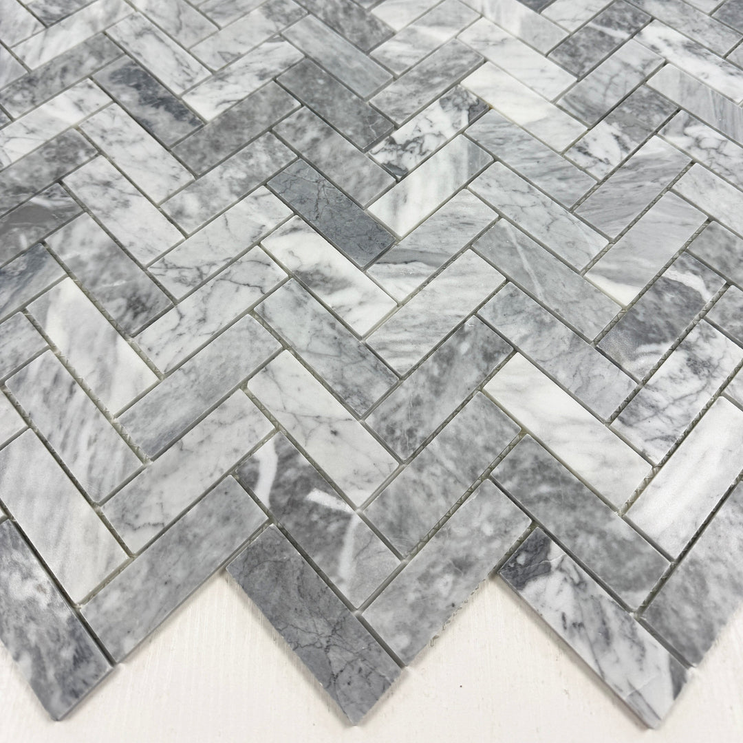 Silver Veil Bardiglio Polished Herringbone Marble Mosaic