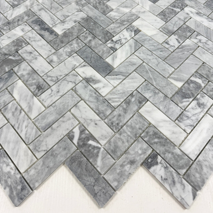 Silver Veil Bardiglio Polished Herringbone Marble Mosaic