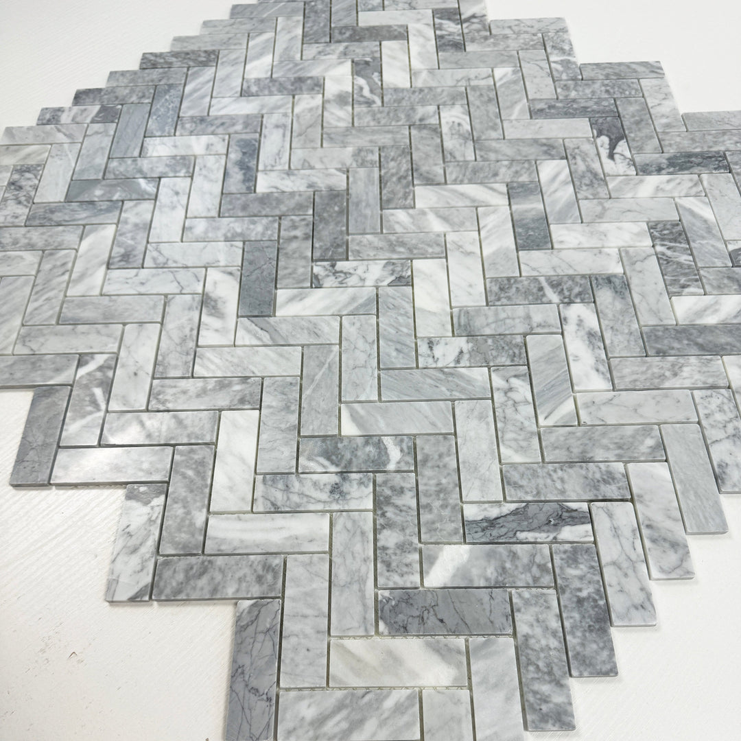 Silver Veil Bardiglio Polished Herringbone Marble Mosaic