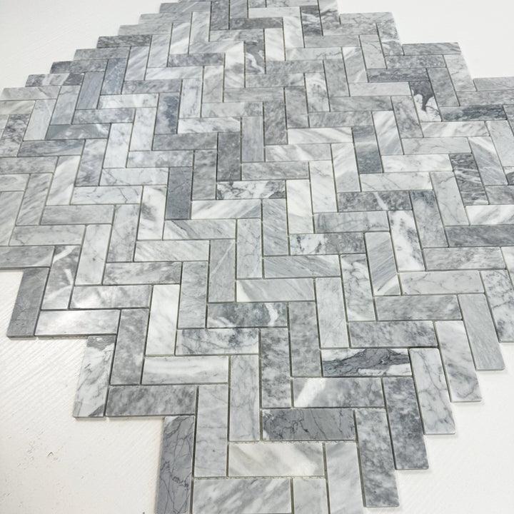 Silver Veil Bardiglio Polished Herringbone Marble Mosaic