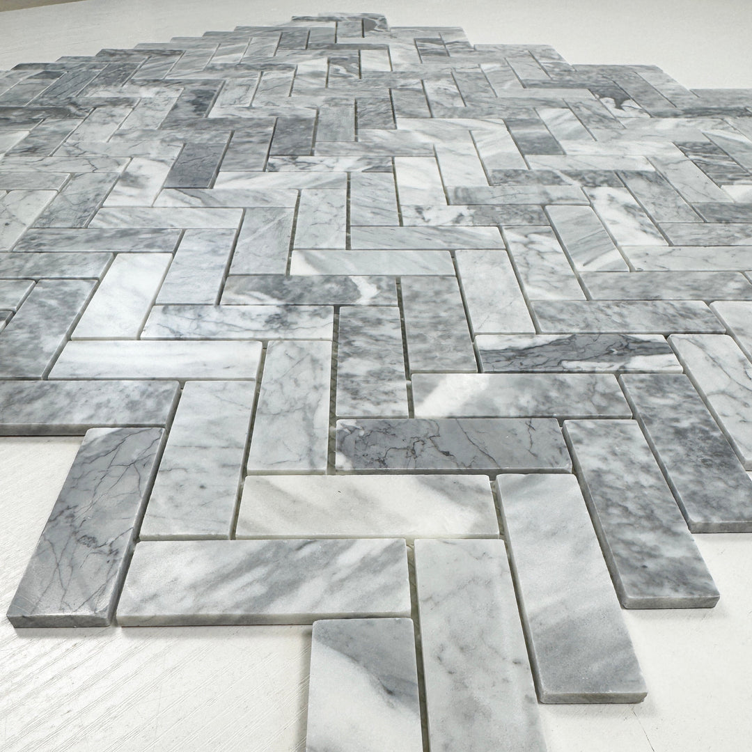 Silver Veil Bardiglio Polished Herringbone Marble Mosaic