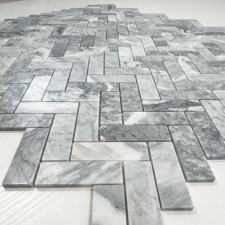 Silver Veil Bardiglio Polished Herringbone Marble Mosaic