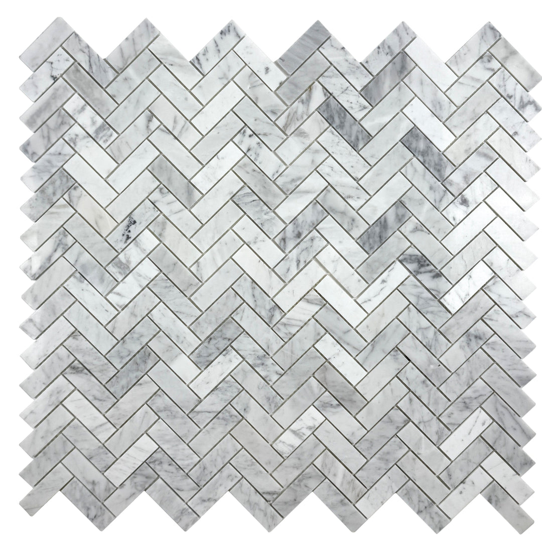 Carrara White Series Polished Slim Strip Rectangle Marble Mosaic Tile, grey marble finish, polished surface, 25x75 mm chips