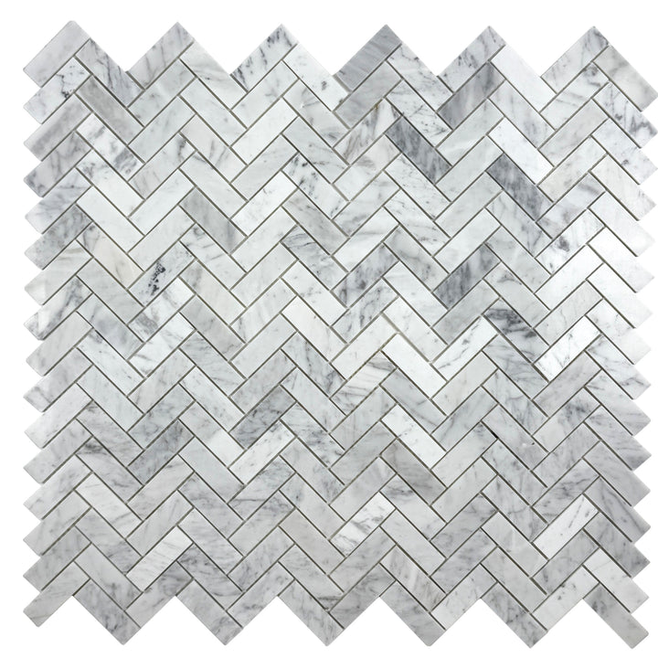 Carrara White Series Polished Slim Strip Rectangle Marble Mosaic Tile, grey marble finish, polished surface, 25x75 mm chips