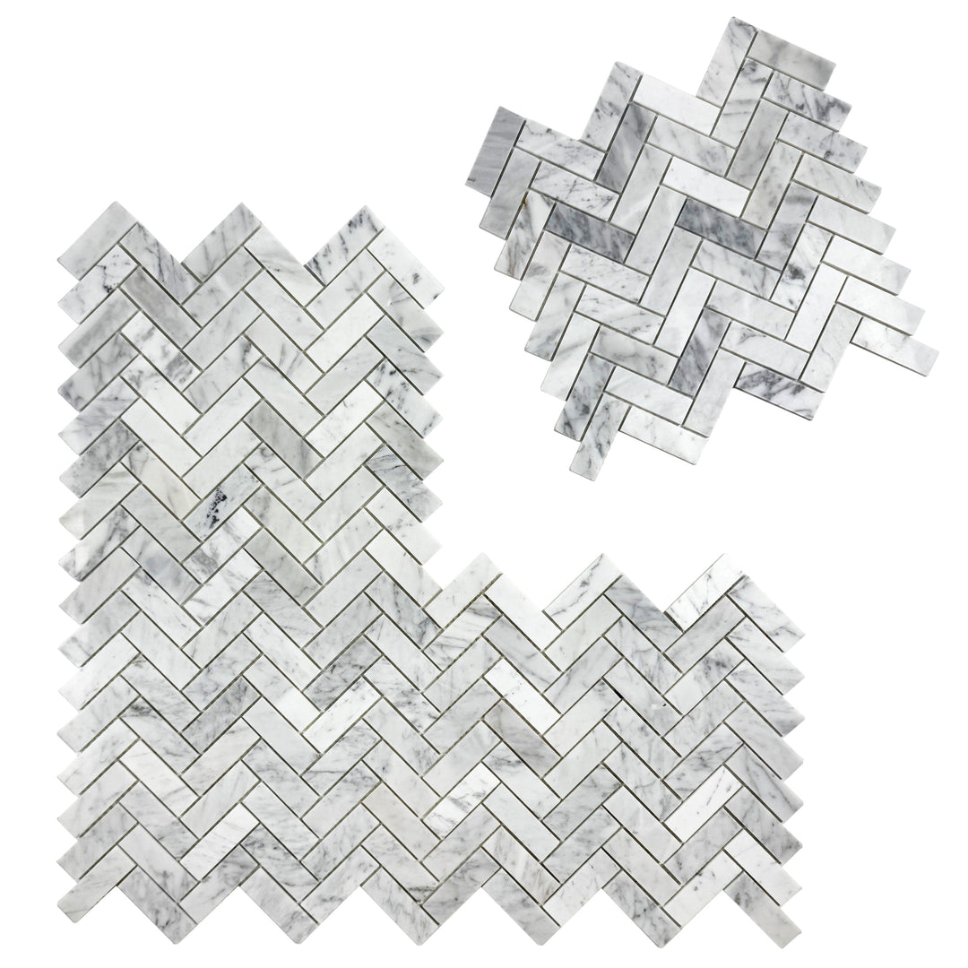 Carrara White Series Polished Slim Strip Rectangle Marble Mosaic Tile, grey marble finish, polished surface, 25x75 mm chips