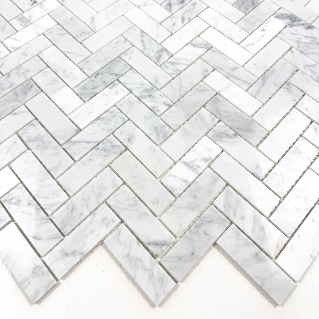 Carrara White Series Polished Slim Strip Rectangle Marble Mosaic Tile, grey marble finish, polished surface, 25x75 mm chips
