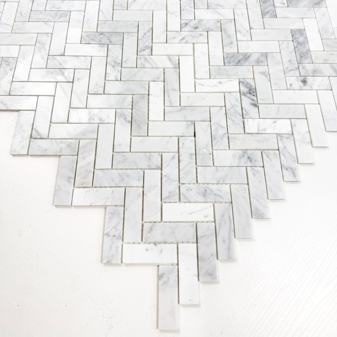 Carrara White Series Polished Slim Strip Rectangle Marble Mosaic Tile, grey marble finish, polished surface, 25x75 mm chips