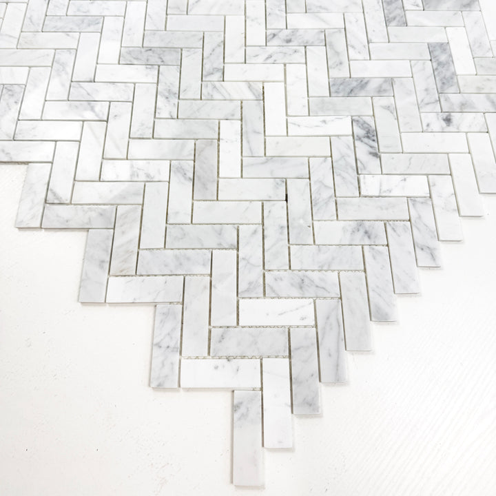 Carrara White Series Polished Slim Strip Rectangle Marble Mosaic Tile, grey marble finish, polished surface, 25x75 mm chips