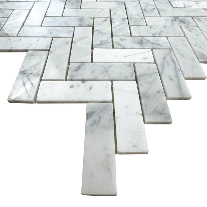 Carrara White Series Polished Slim Strip Rectangle Marble Mosaic Tile, grey marble finish, polished surface, 25x75 mm chips
