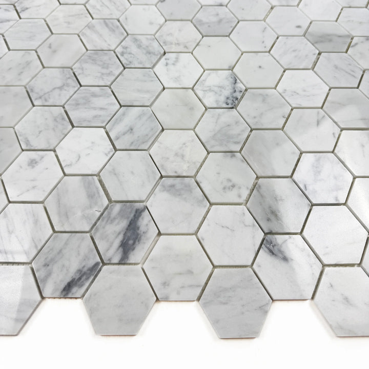 Carrara White Series Polished Hexagon Marble Mosaic Tile, grey marble finish, polished surface