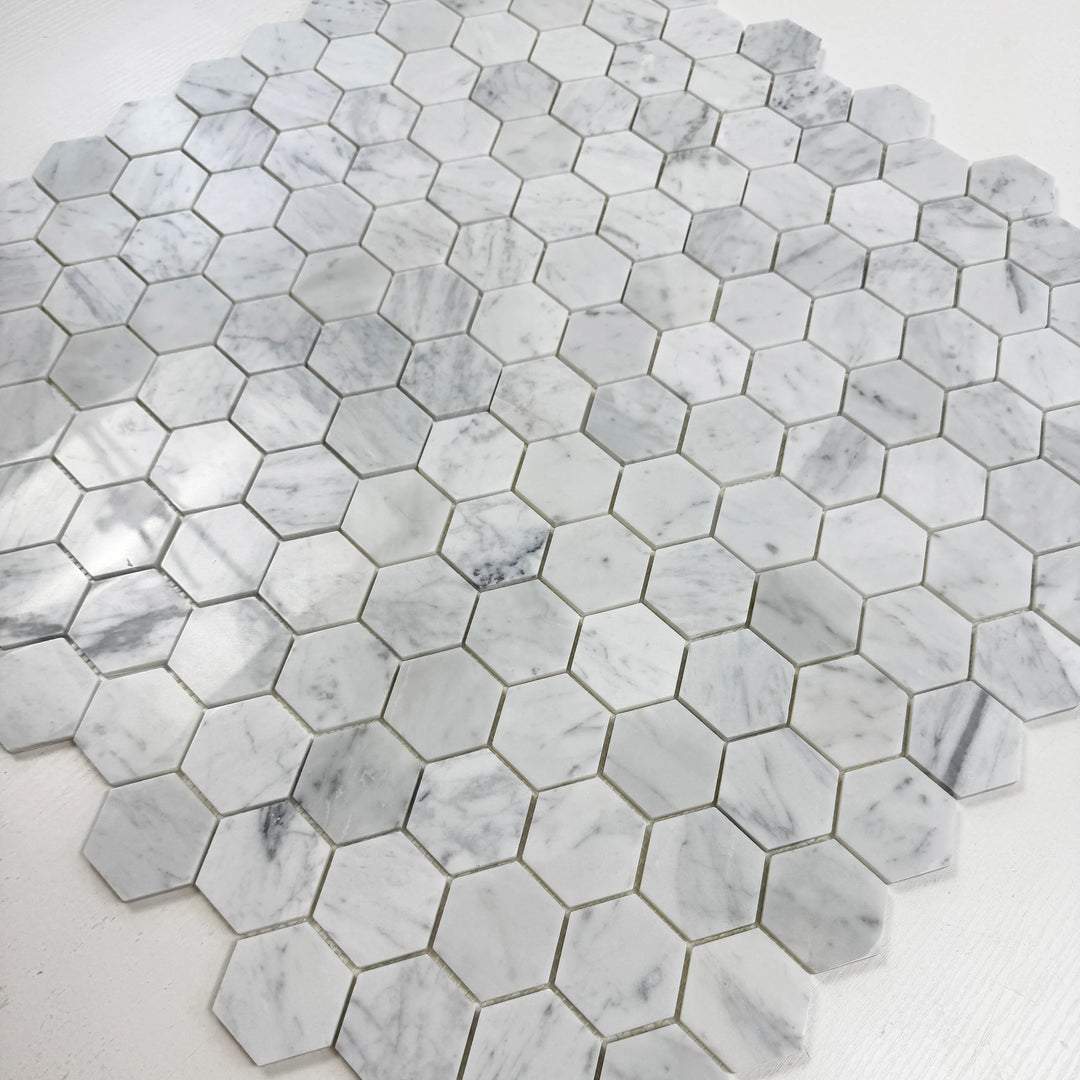 Carrara White Series Polished Hexagon Marble Mosaic Tile, grey marble finish, polished surface