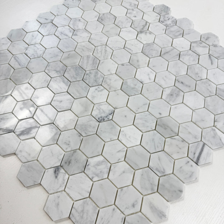 Carrara White Series Polished Hexagon Marble Mosaic Tile, grey marble finish, polished surface