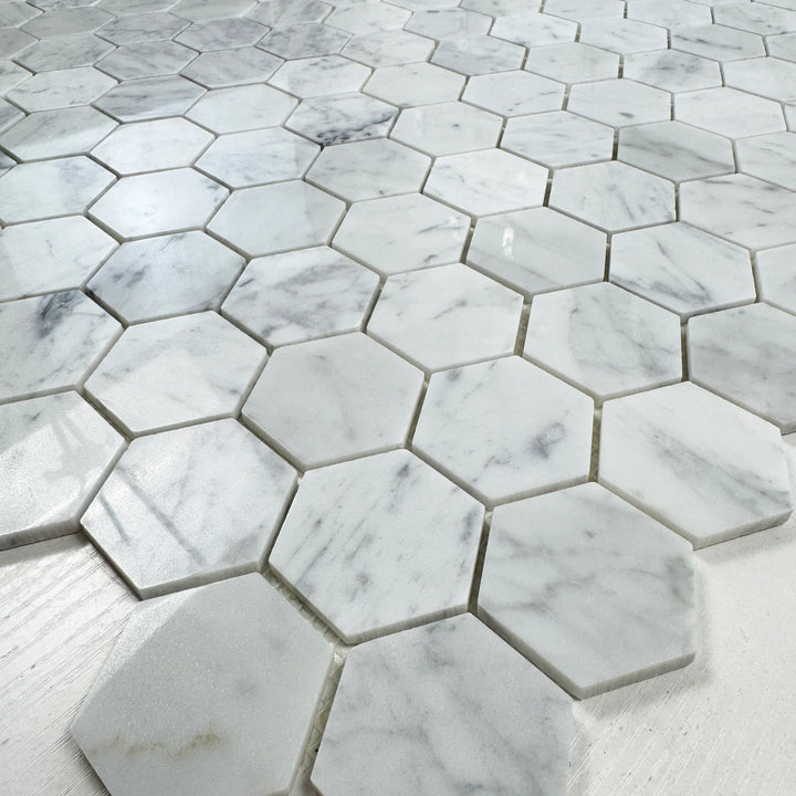 Carrara White Series Polished Hexagon Marble Mosaic Tile, grey marble finish, polished surface
