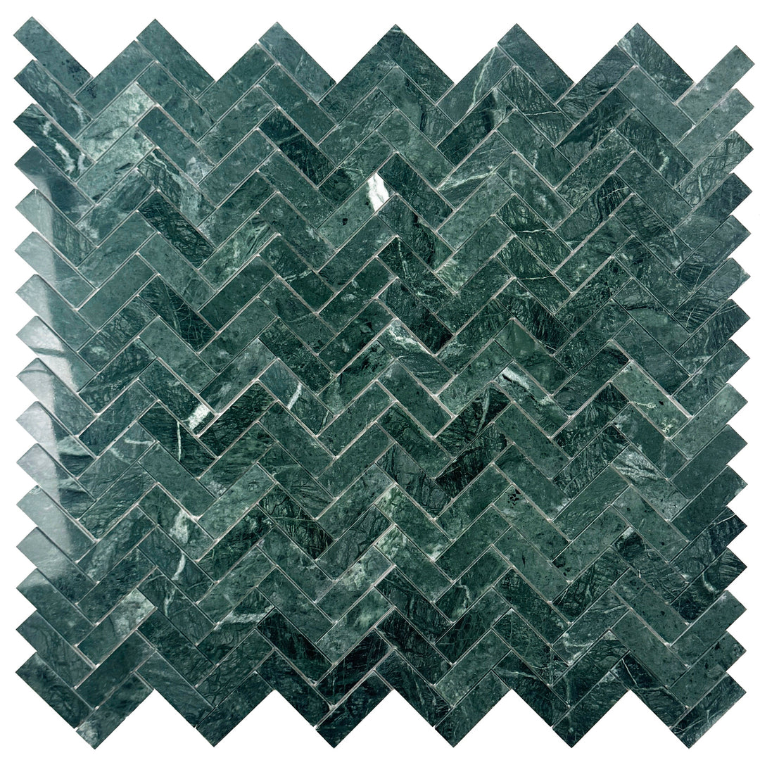Emerald Ridge Dark Green Polished Herringbone Marble Mosaic