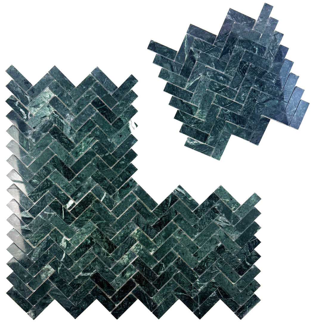 Emerald Ridge Dark Green Polished Herringbone Marble Mosaic