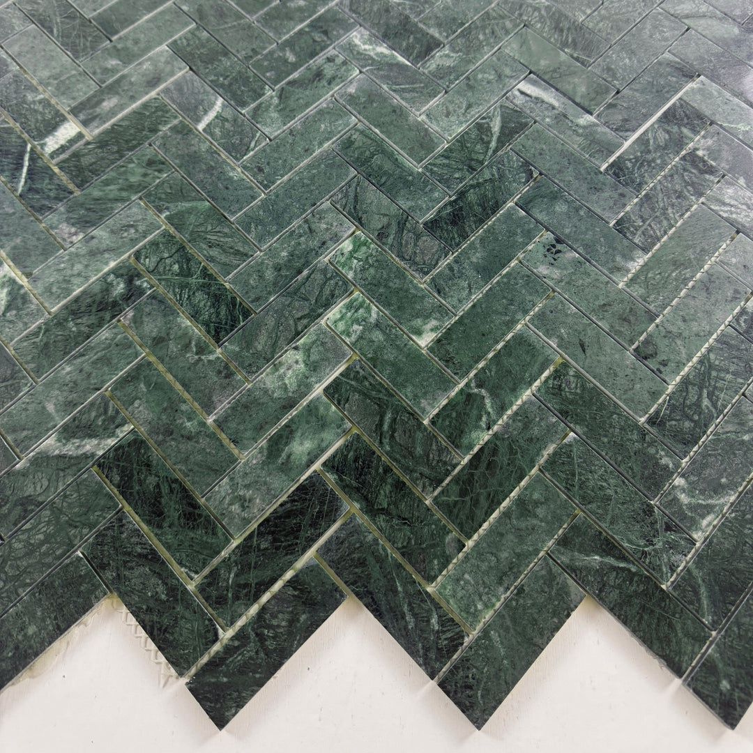 Emerald Ridge Dark Green Polished Herringbone Marble Mosaic