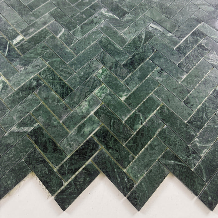 Emerald Ridge Dark Green Polished Herringbone Marble Mosaic