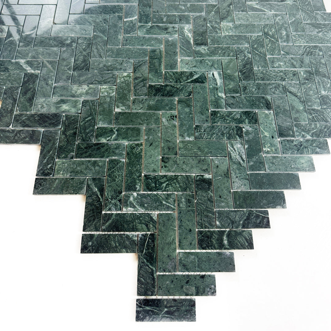 Emerald Ridge Dark Green Polished Herringbone Marble Mosaic