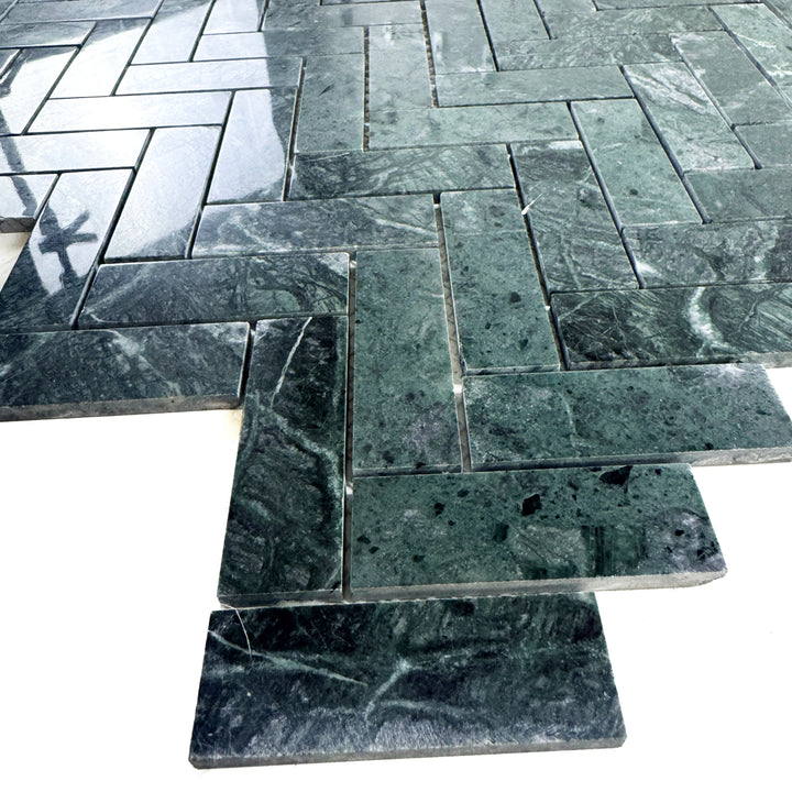 Emerald Ridge Dark Green Polished Herringbone Marble Mosaic