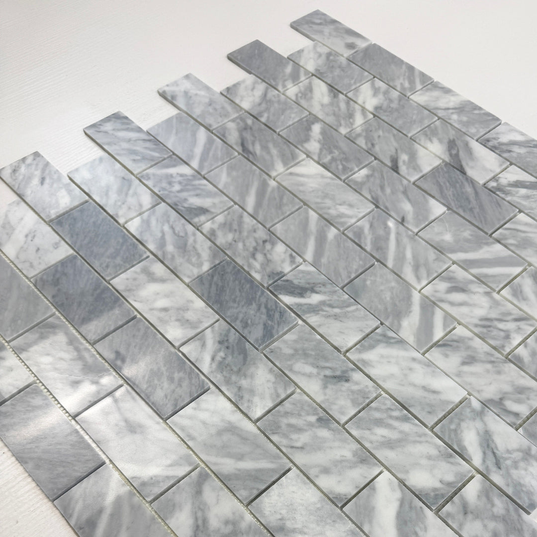 Silver Veil Polished Brickwork Pattern Rectangular Marble Mosaic
