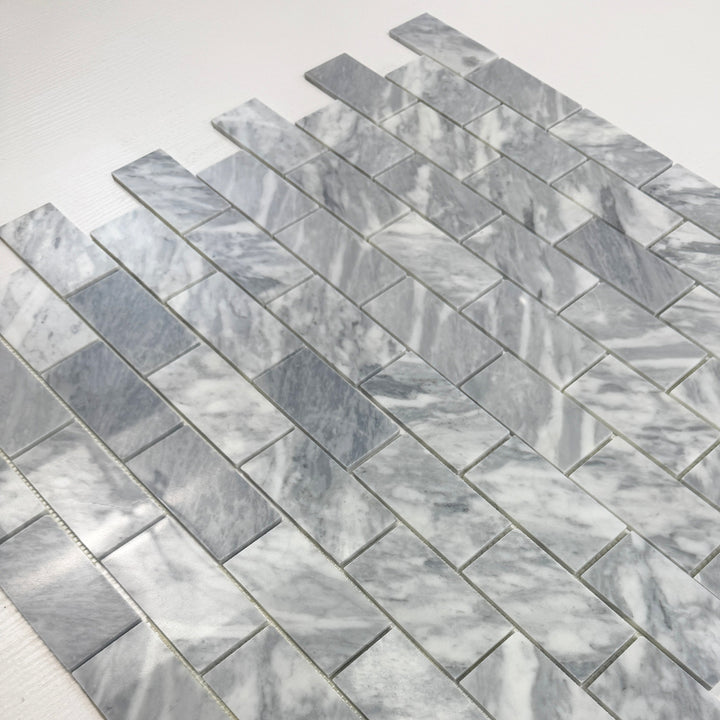 Silver Veil Polished Brickwork Pattern Rectangular Marble Mosaic