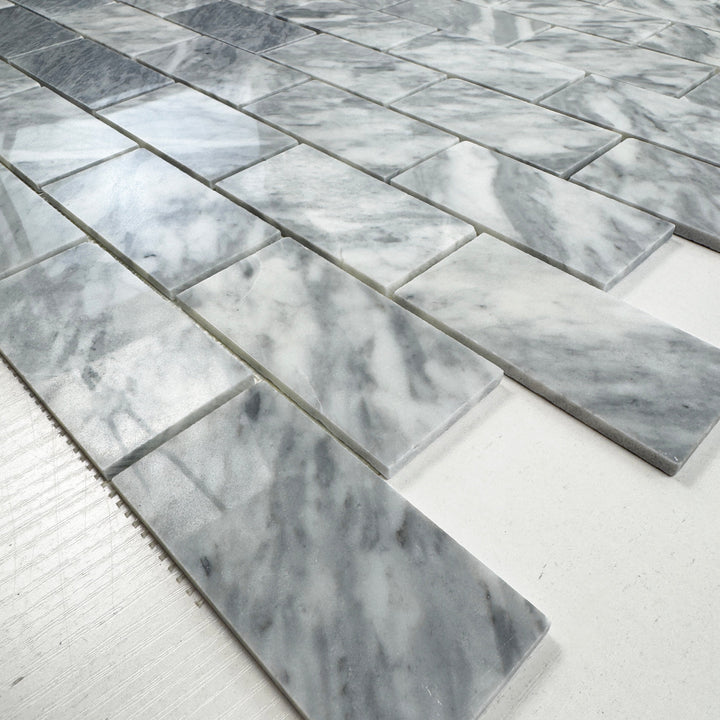 Silver Veil Polished Brickwork Pattern Rectangular Marble Mosaic