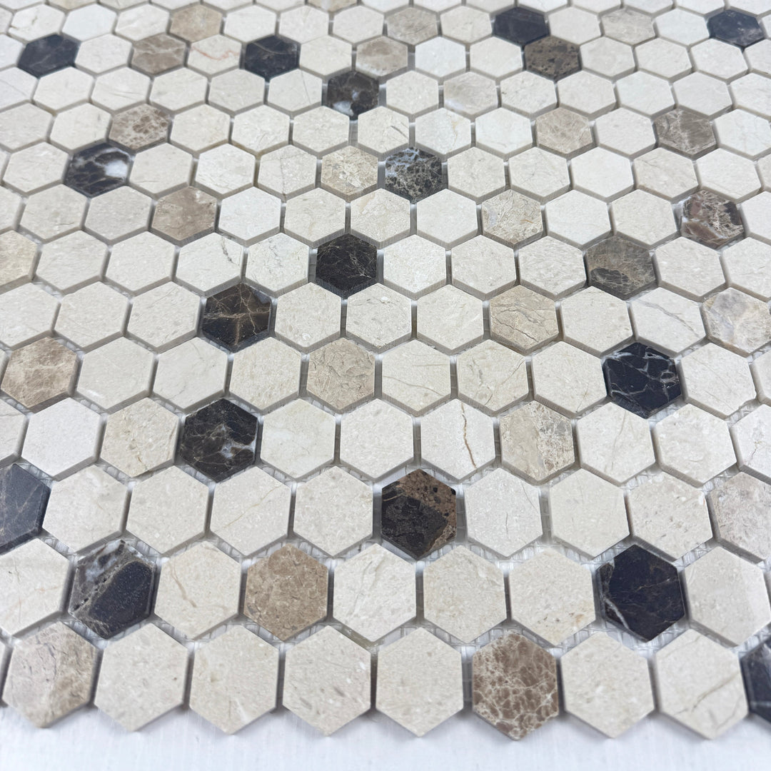 Zen Terra Dark Emperador & Light Emperador & Cream Marfil Polished Hexagon Marble Mosaic