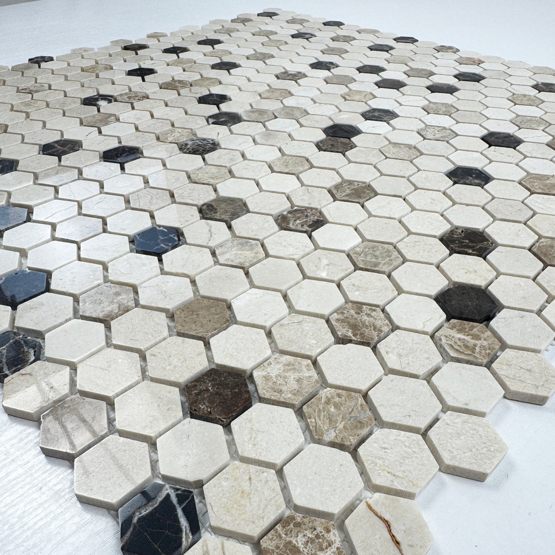 Zen Terra Dark Emperador & Light Emperador & Cream Marfil Polished Hexagon Marble Mosaic