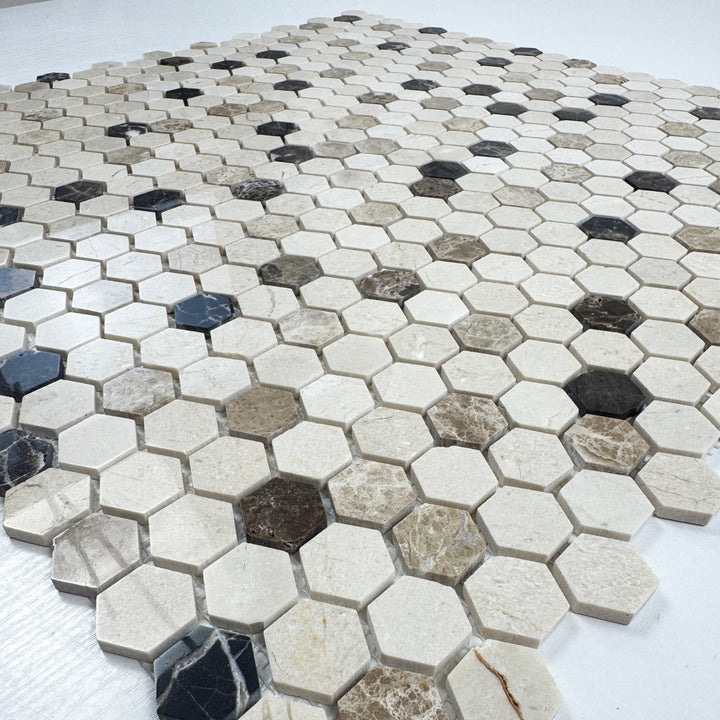 Zen Terra Dark Emperador & Light Emperador & Cream Marfil Polished Hexagon Marble Mosaic