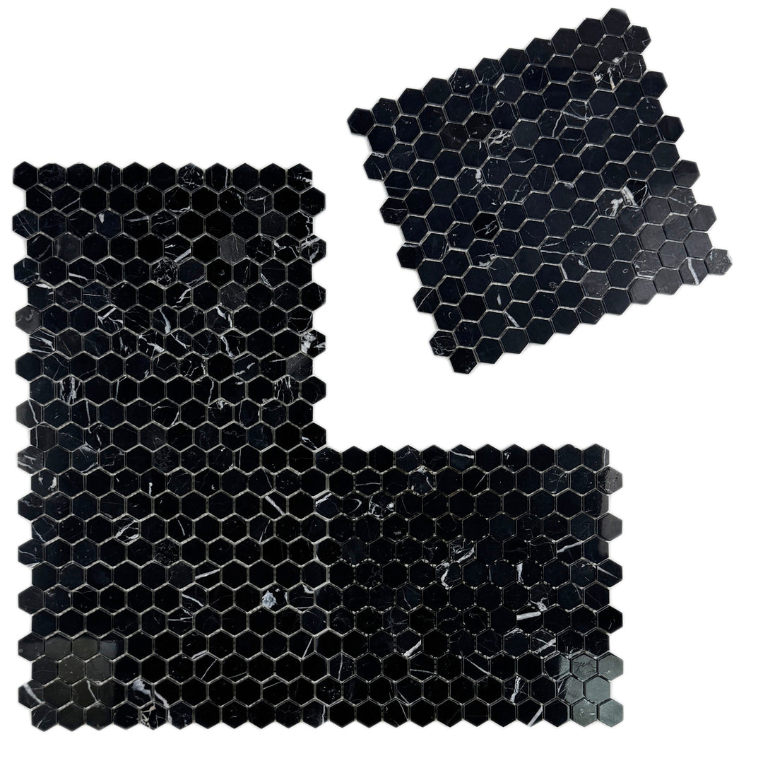 Noir Crest Black Marquina Polished Hexagon Marble Mosaic