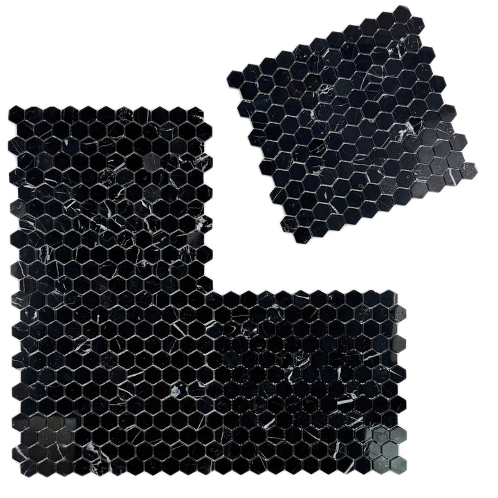 Noir Crest Black Marquina Polished Hexagon Marble Mosaic