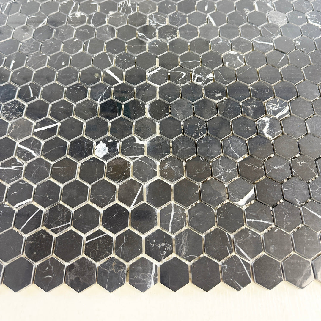 Noir Crest Black Marquina Polished Hexagon Marble Mosaic