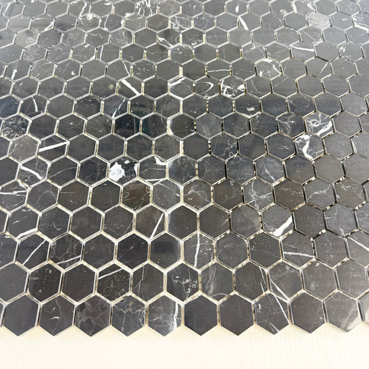 Noir Crest Black Marquina Polished Hexagon Marble Mosaic
