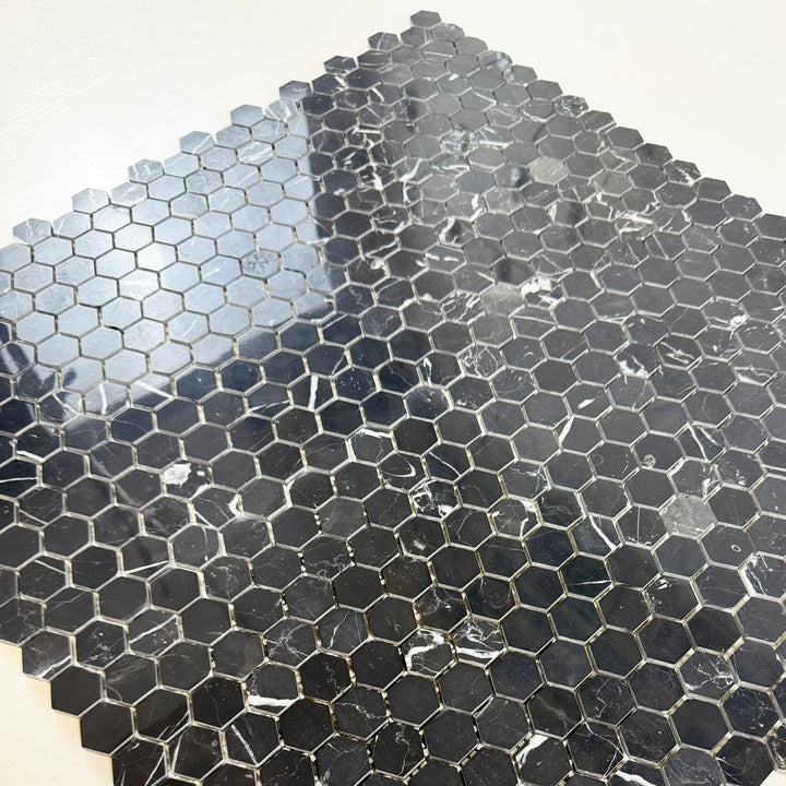 Noir Crest Black Marquina Polished Hexagon Marble Mosaic