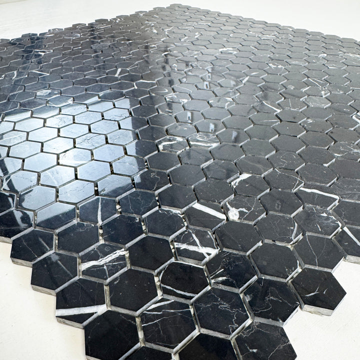 Noir Crest Black Marquina Polished Hexagon Marble Mosaic