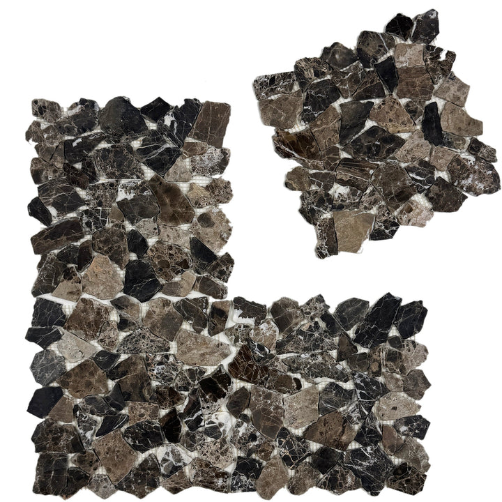 Mosaic pattern of dark and gray stone tiles on a white background