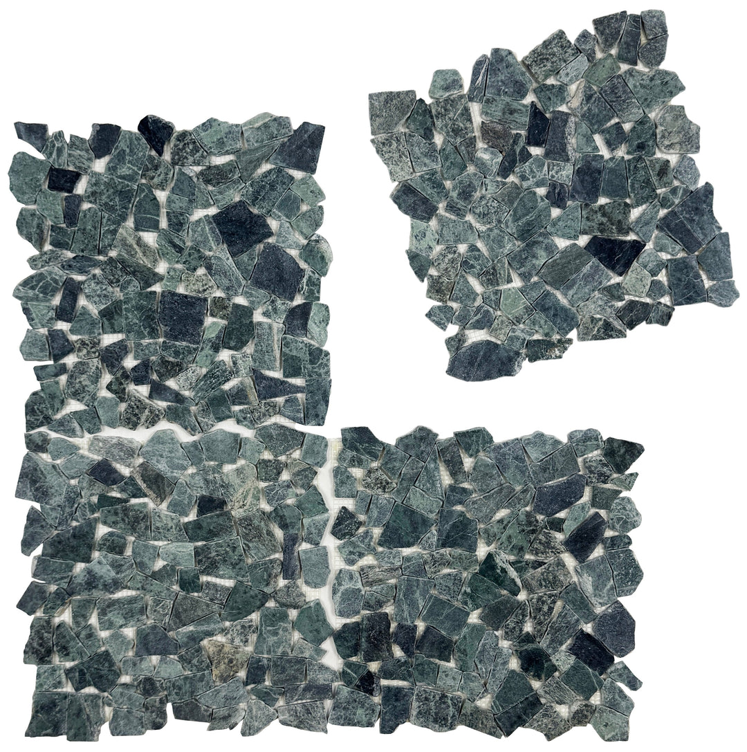 Mosaic pattern of dark blue and gray tiles on a white background
