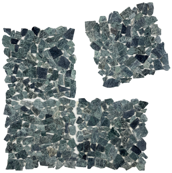 Mosaic pattern of dark blue and gray tiles on a white background