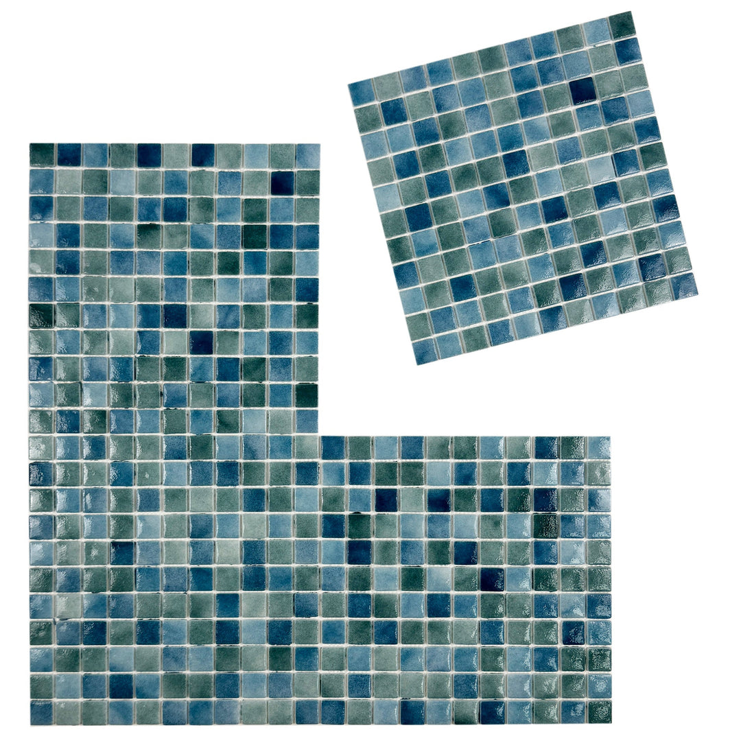 Imperial Crest Olive Green & Baby Blue & Yale Blue Mixed Glossy Recycled Glass Mosaic