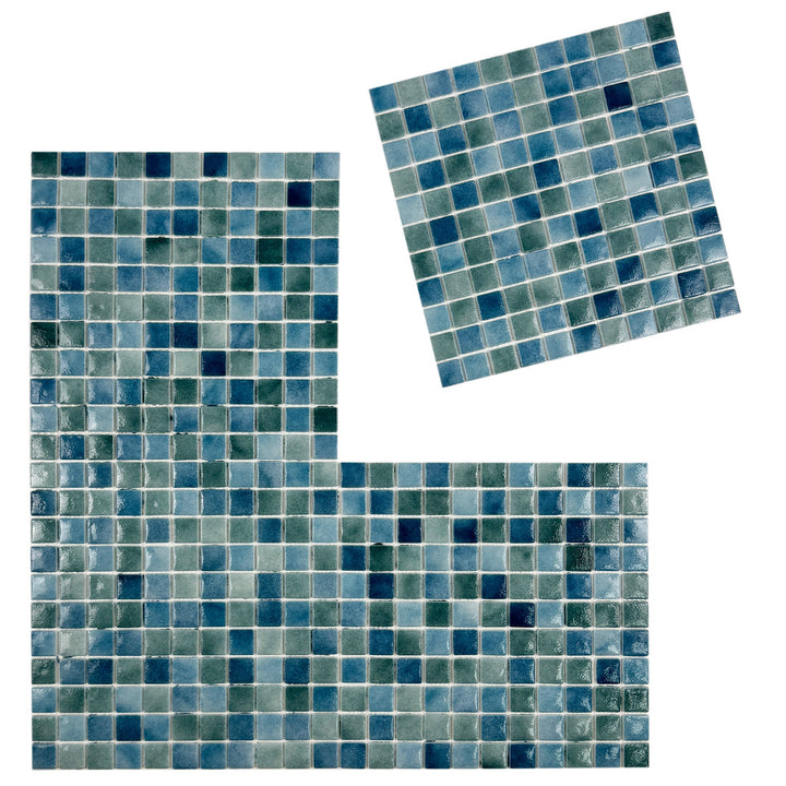 Imperial Crest Olive Green & Baby Blue & Yale Blue Mixed Glossy Recycled Glass Mosaic