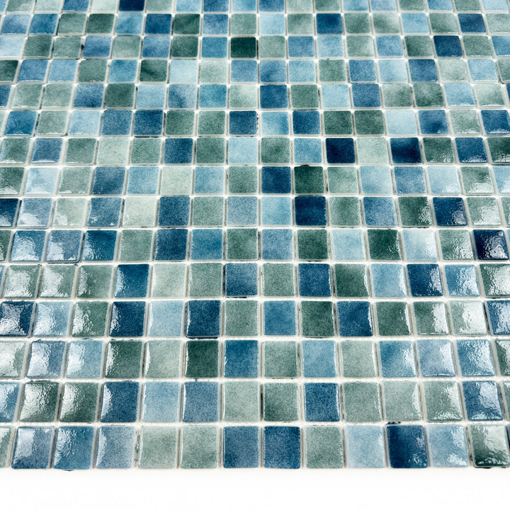 Imperial Crest Olive Green & Baby Blue & Yale Blue Mixed Glossy Recycled Glass Mosaic