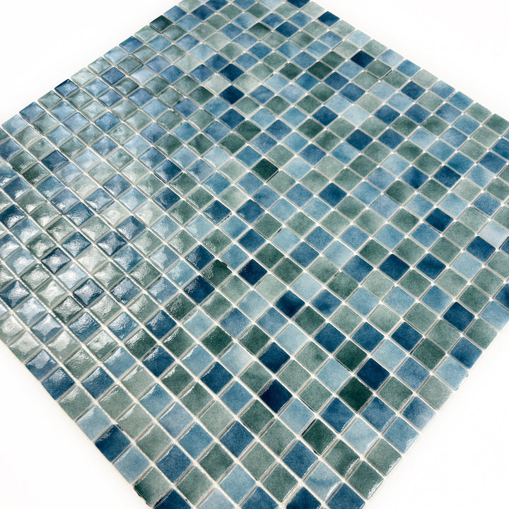 Imperial Crest Olive Green & Baby Blue & Yale Blue Mixed Glossy Recycled Glass Mosaic