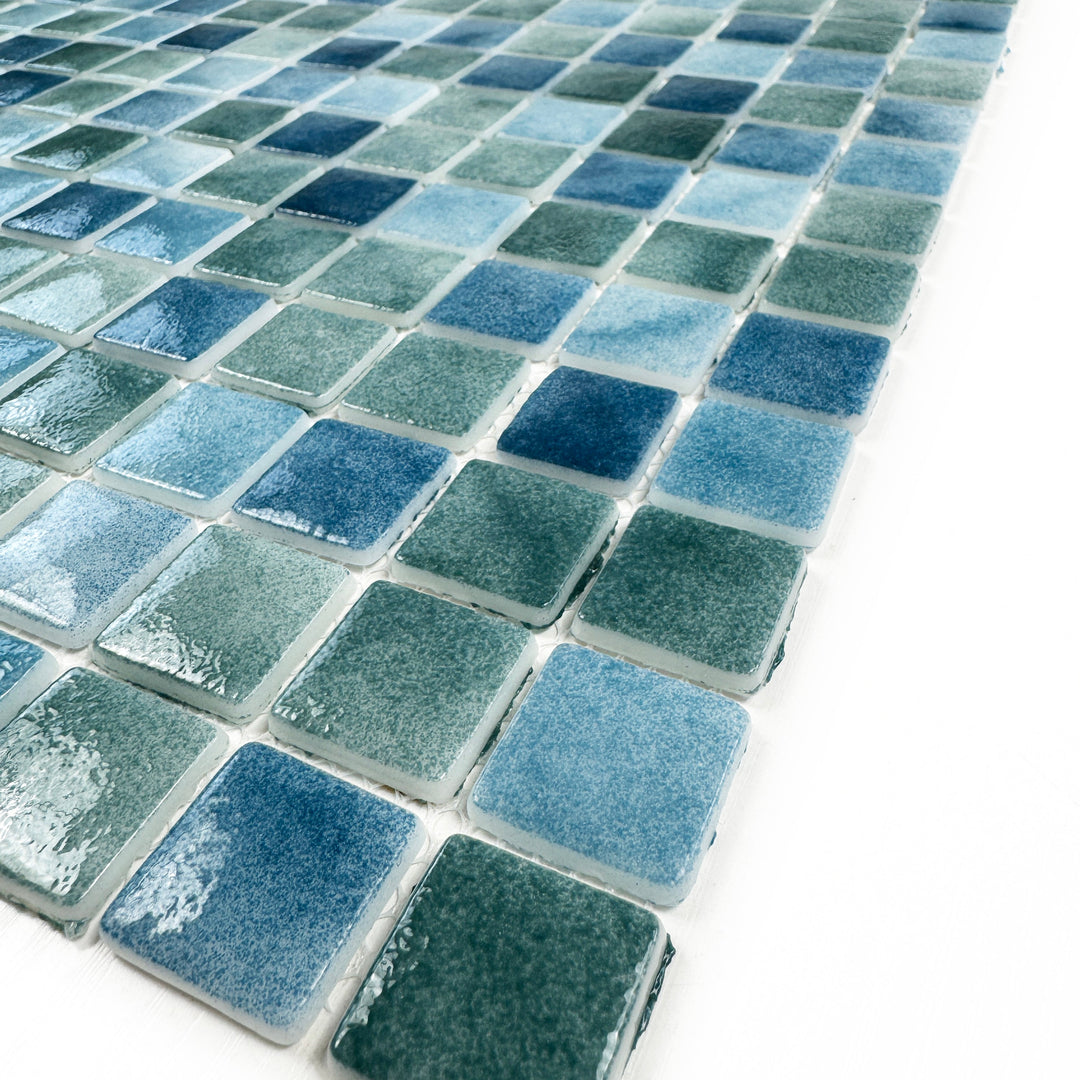 Imperial Crest Olive Green & Baby Blue & Yale Blue Mixed Glossy Recycled Glass Mosaic