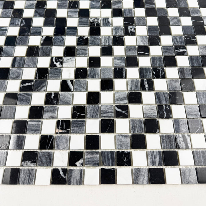 Zen Terra White & Lava Grey & Charcoal Grey Mixed Honed Regular Pattern Square Marble Mosaic
