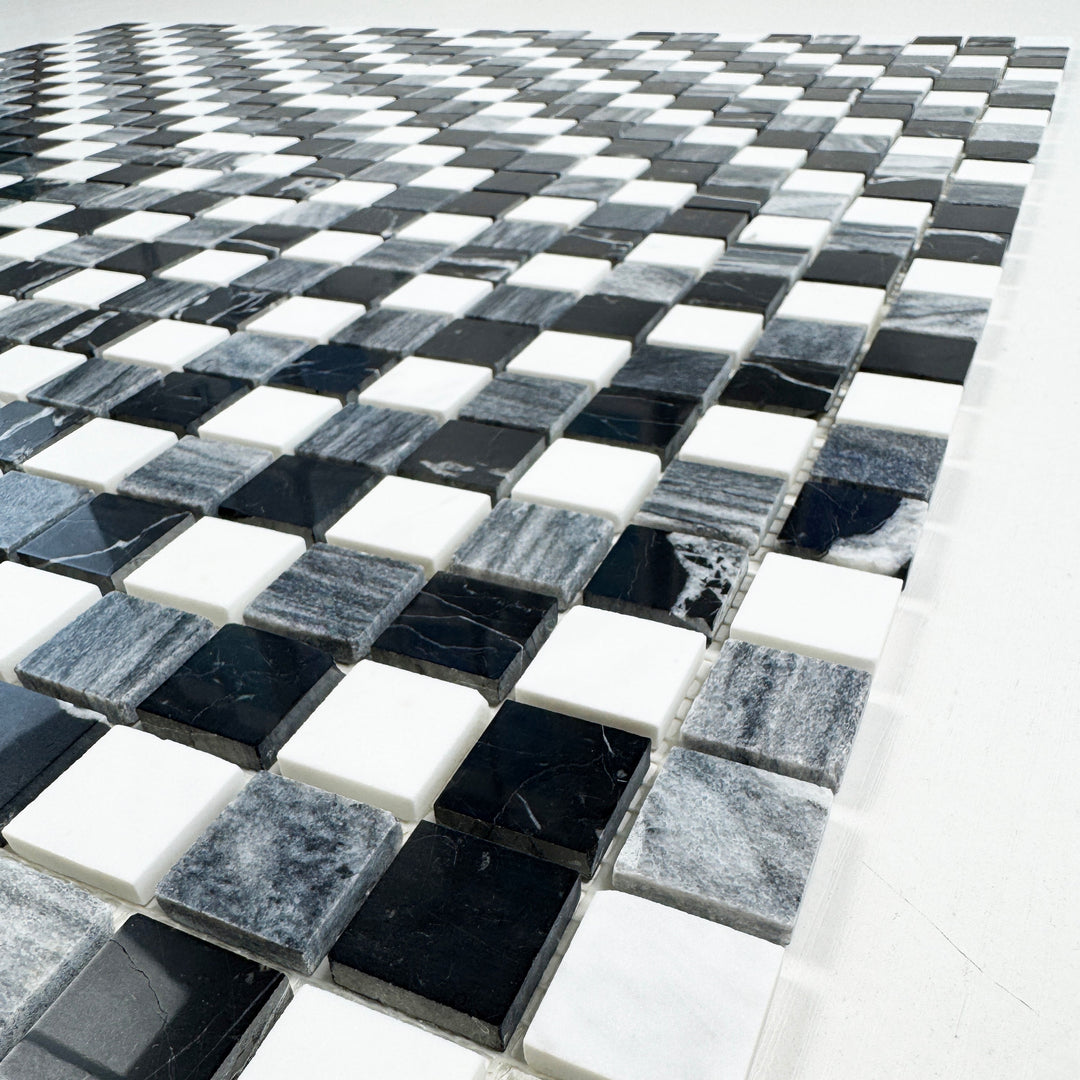 Zen Terra White & Lava Grey & Charcoal Grey Mixed Honed Regular Pattern Square Marble Mosaic