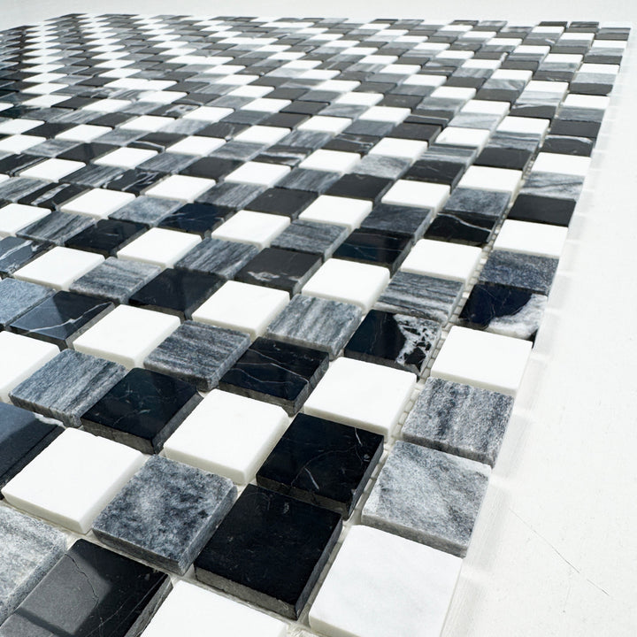 Zen Terra White & Lava Grey & Charcoal Grey Mixed Honed Regular Pattern Square Marble Mosaic