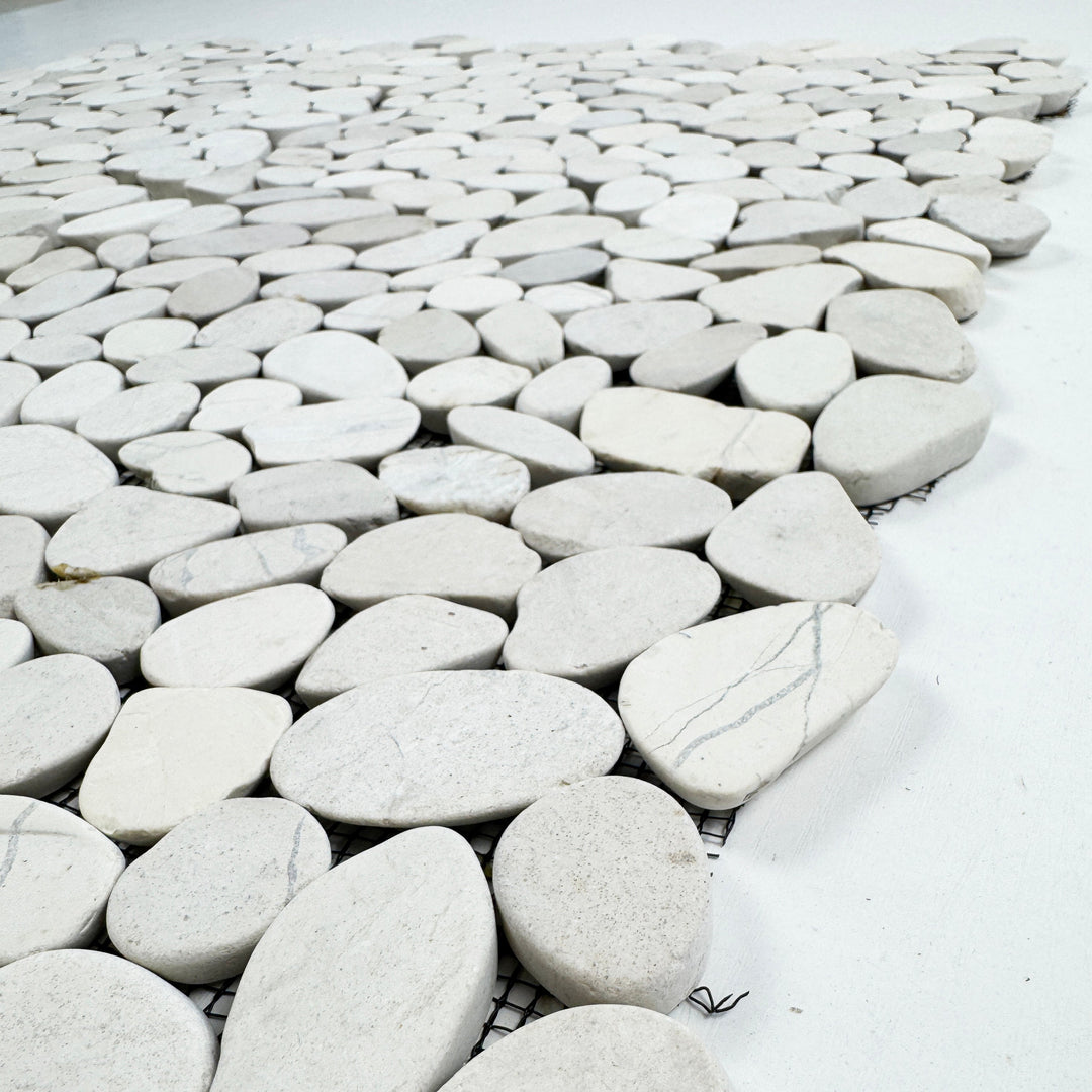 Serene Pebble Series Light Beige Semi-Matte Sliced Cutting Long Elliptic Shape Natural Pebble Stone Mosaic
